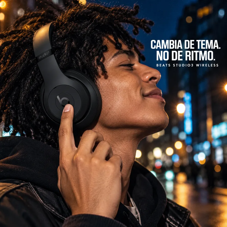 Mujer con auriculares negros en una escena nocturna, anuncio de demostración generado con IA.