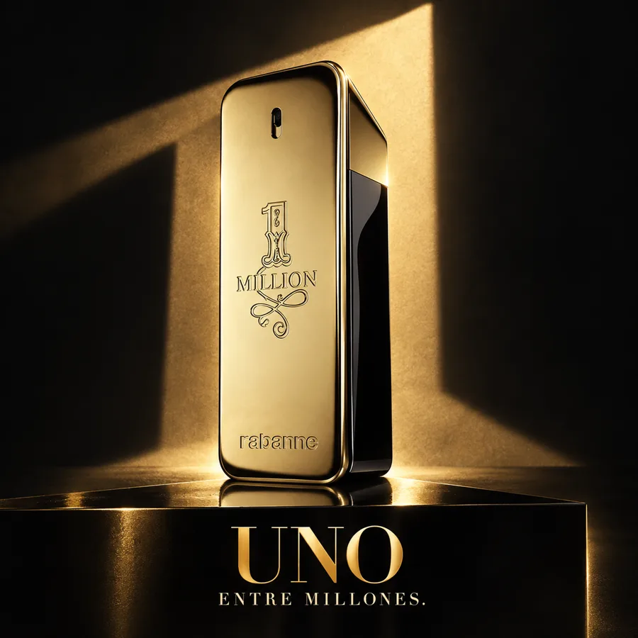 Frasco de perfume dorado iluminado sobre una superficie oscura, demostración generada con IA.
