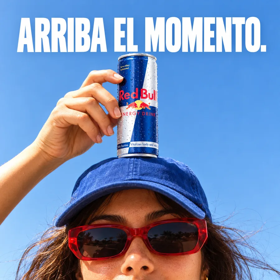 Persona al aire libre sosteniendo una lata, muestra publicitaria generada con IA.